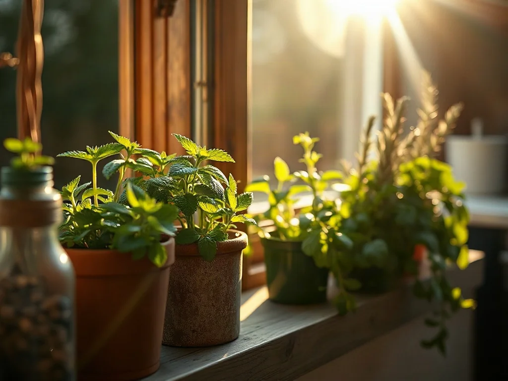 Doniczki z wytrzymałymi ziołami, takimi jak mięta i rozmaryn, stojące na słonecznym, drewnianym parapecie w kuchni.