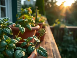 Nowoczesny drewniany kwietnik wertykalny z ziołami na słonecznym balkonie w miejskim otoczeniu.