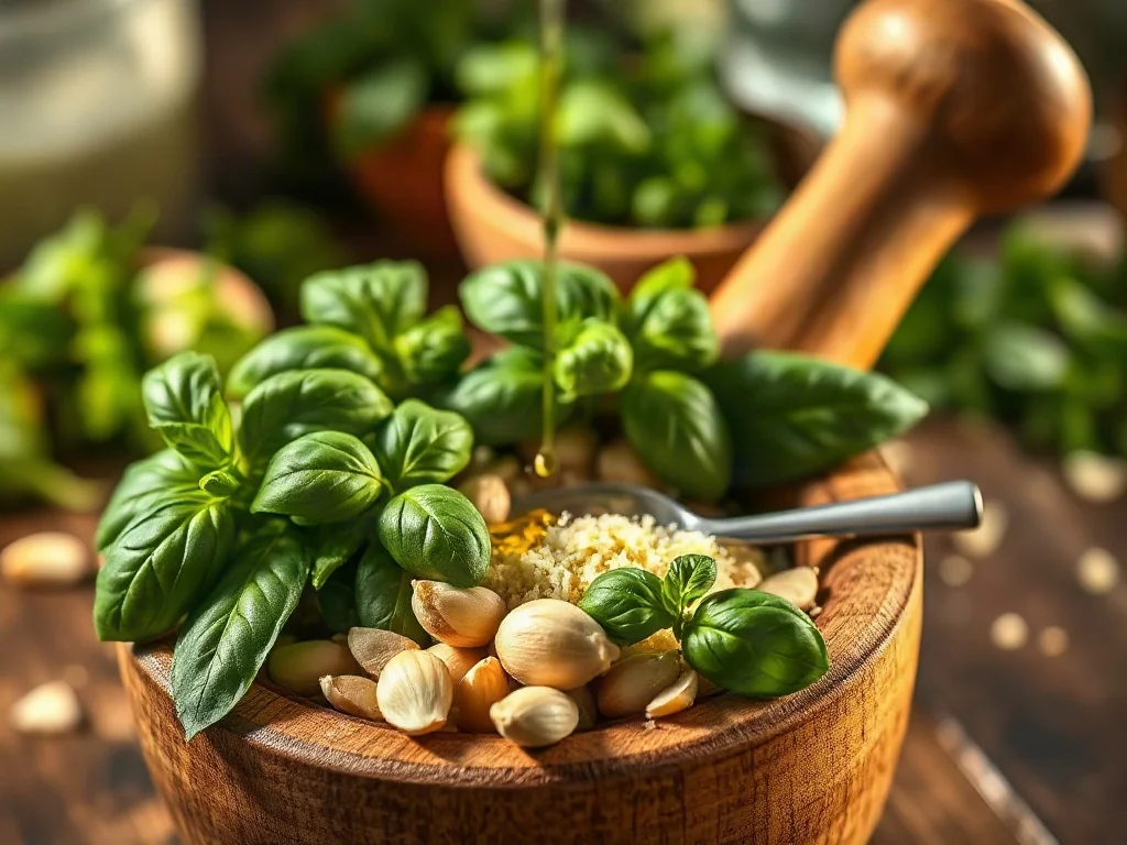 Składniki na domowe pesto: świeża bazylia, orzeszki pinii, czosnek, parmezan i oliwa w drewnianym moździerzu.