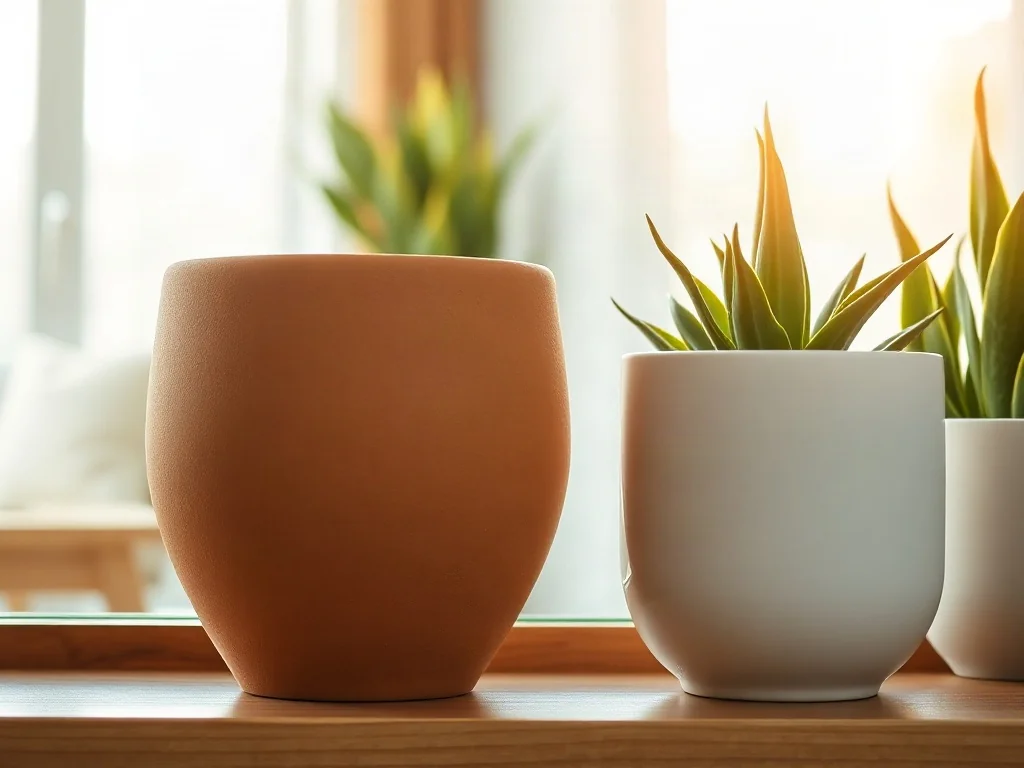 Różnorodne ceramiczne doniczki na drewnianej półce w jasnym, minimalistycznym salonie wypełnionym porannym światłem.