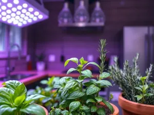 Krzew rozmarynu w terakotowej doniczce na drewnianym stole, z ogrodem w tle o zachodzie słońca.