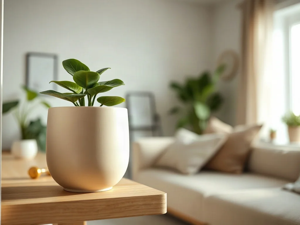 Minimalistyczna beżowa osłonka ceramiczna na dębowej półce w jasnym, przytulnym salonie w stylu skandynawskim.