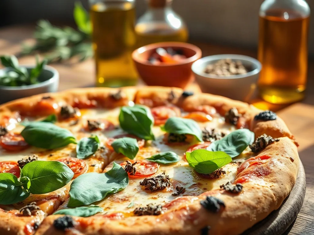 Świeżo upieczona pizza z bazylią i oregano na drewnianym stole, w otoczeniu przypraw i oliwy.