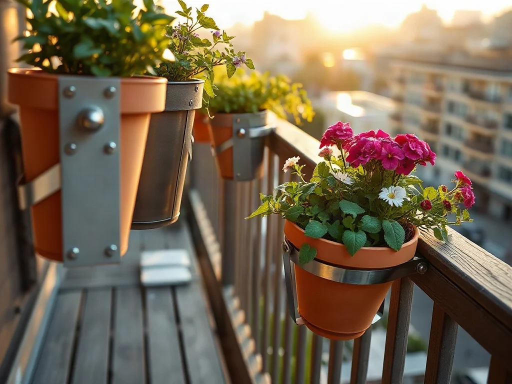 Solidne metalowe uchwyty i zaciski bezpiecznie mocujące donice z kwiatami do drewnianej balustrady balkonu.