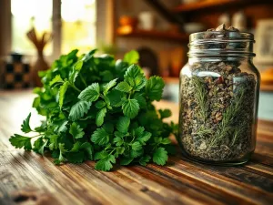 Kawałek domowego masła ziołowego na drewnianej desce w otoczeniu świeżej pietruszki, szczypiorku, bazylii i rozmarynu.