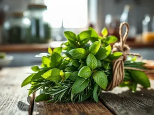 Waga szalkowa z pęczkiem świeżych ziół i słoikiem suszonych, obrazująca porównanie śladu węglowego obu produktów.