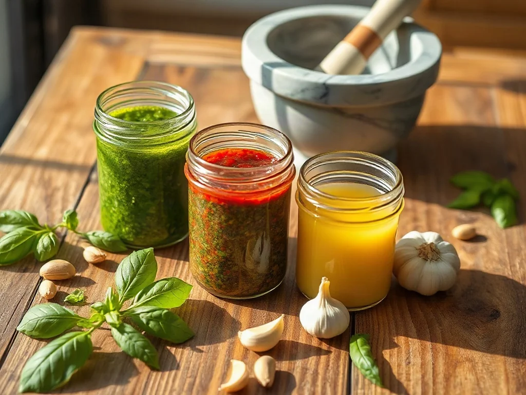 Słoiki z różnokolorowym pesto otoczone świeżą bazylią, orzeszkami pinii i czosnkiem na drewnianym stole.
