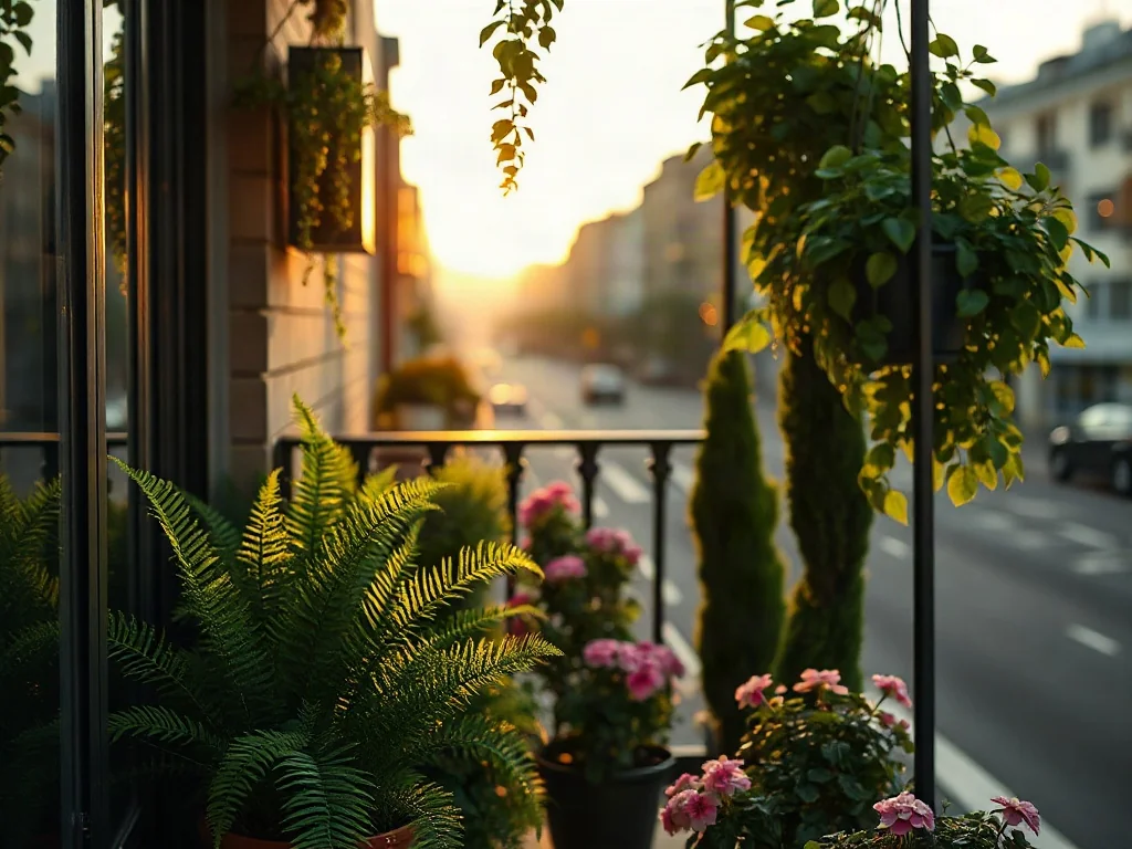 Przeszklony balkon wypełniony bujną roślinnością w doniczkach, oświetlony ciepłym światłem wschodzącego słońca.