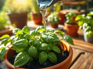 Doniczki z ziołami na balkonie oświetlone profesjonalną lampą LED typu grow light emitującą fioletowe światło.