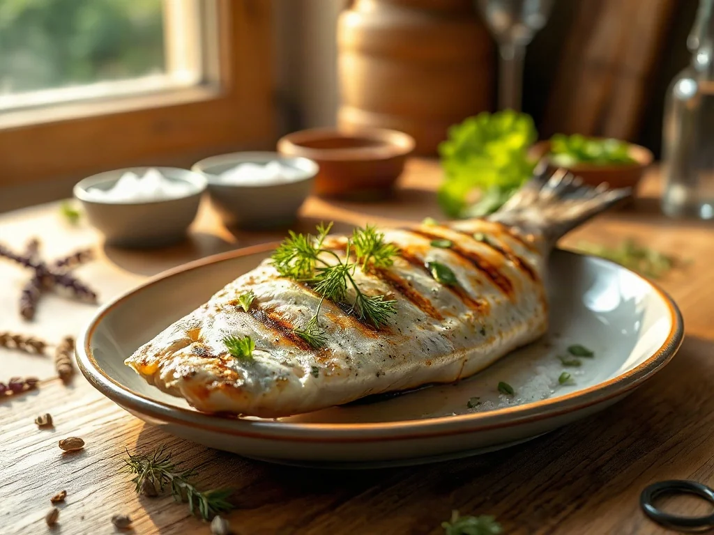 Pieczony filet z białej ryby udekorowany świeżym koperkiem, natką pietruszki i tymiankiem na ceramicznym talerzu.