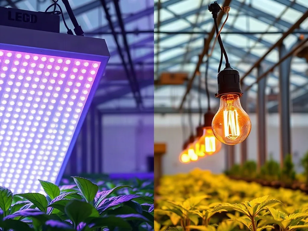 Porównanie nowoczesnego oświetlenia LED o fioletowym spektrum oraz tradycyjnej pomarańczowej lampy sodowej HPS.