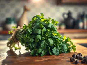 Drewniany regał zaadaptowany na pionowy ogródek ziołowy z bazylią, miętą i rozmarynem na słonecznym balkonie.