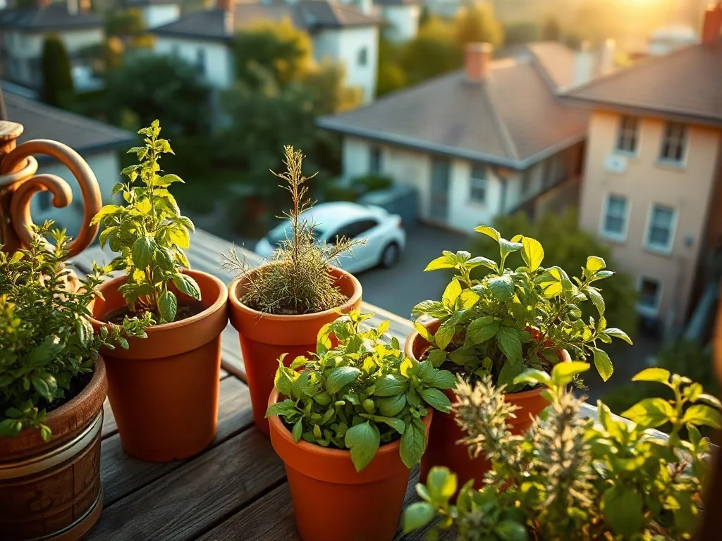 Drewniany balkon z doniczkami pełnymi świeżych ziół, takich jak bazylia i rozmaryn, w ciepłym świetle zachodzącego słońca.