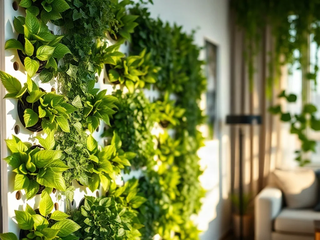 Nowoczesna instalacja z roślinami w systemie hydroponicznym na ścianie w jasnym, minimalistycznym salonie.