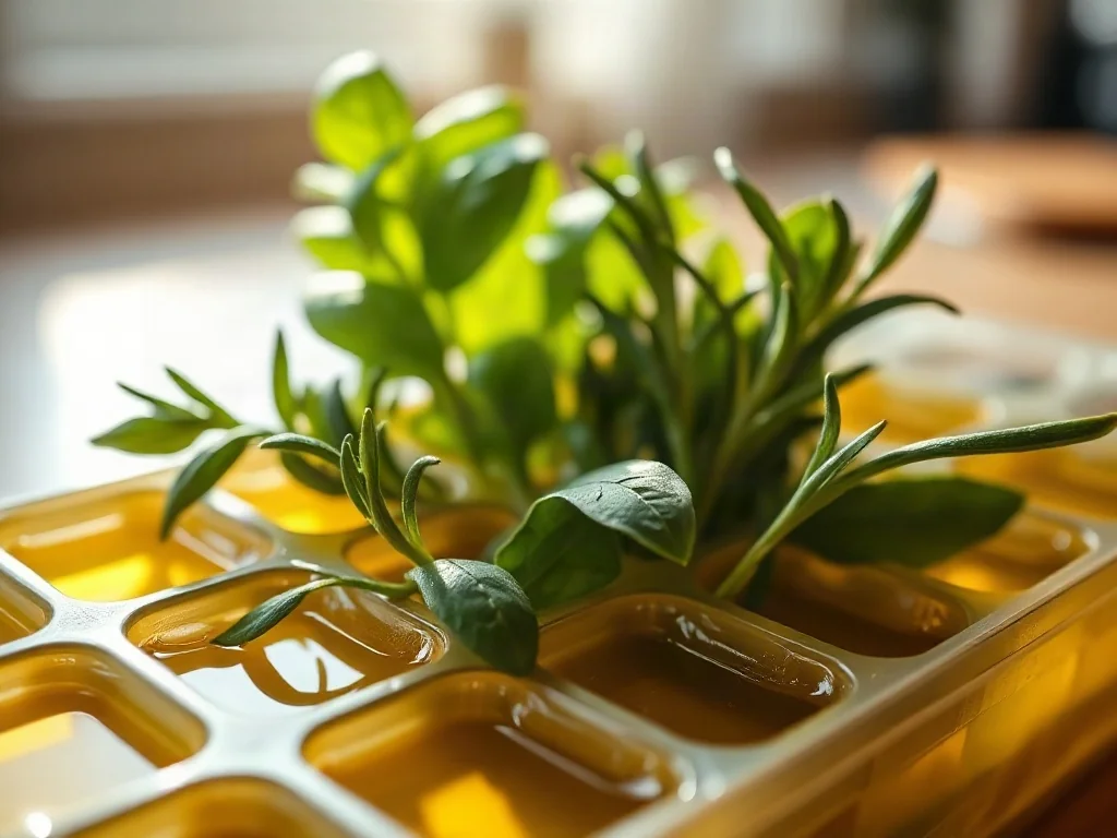 Świeże zioła zanurzone w oliwie w silikonowej foremce do lodu, przygotowane do zamrożenia.
